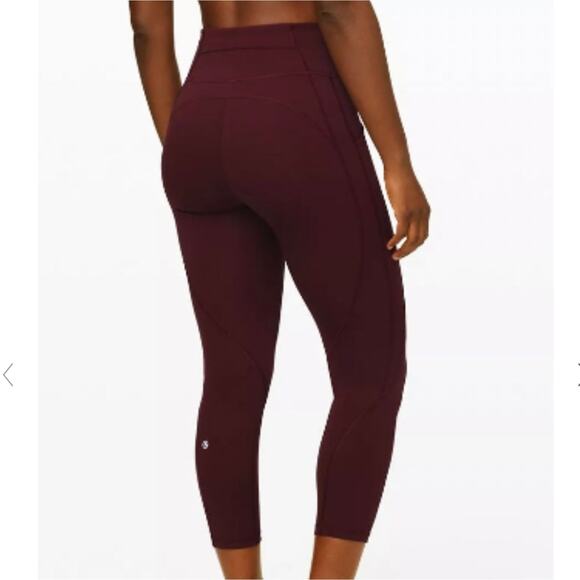 lululemon athletica Pants - Lululemon Cropped Raw Hem Maroon Leggings Pocket Time to Sweat 4